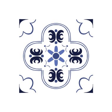 Vektör azulejo mozaik fayans. Portekiz geleneksel geometrik seramik tasarımı. Mavi, beyaz renk, çiçek motifleri. Akdeniz, Portekiz, İspanyol geleneksel vintage tarzı.