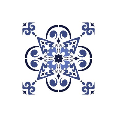 Vektör azulejo mozaik fayans. Portekiz geleneksel geometrik seramik tasarımı. Mavi, beyaz renk, çiçek motifleri. Akdeniz, Portekiz, İspanyol geleneksel vintage tarzı.