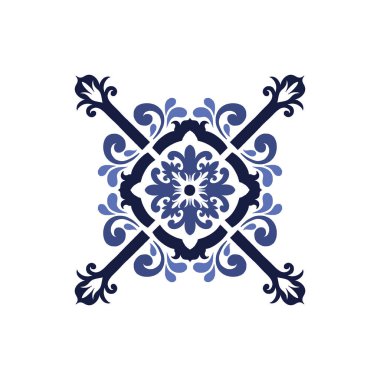 Vektör azulejo mozaik fayans. Portekiz geleneksel geometrik seramik tasarımı. Mavi, beyaz renk, çiçek motifleri. Akdeniz, Portekiz, İspanyol geleneksel vintage tarzı.