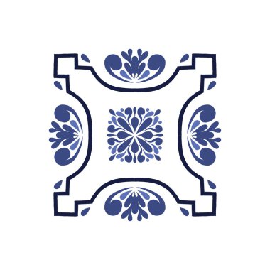 Vektör azulejo mozaik fayans. Portekiz geleneksel geometrik seramik tasarımı. Mavi, beyaz renk, çiçek motifleri. Akdeniz, Portekiz, İspanyol geleneksel vintage tarzı.