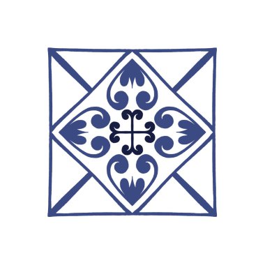 Vektör azulejo mozaik fayans. Portekiz geleneksel geometrik seramik tasarımı. Mavi, beyaz renk, çiçek motifleri. Akdeniz, Portekiz, İspanyol geleneksel vintage tarzı.