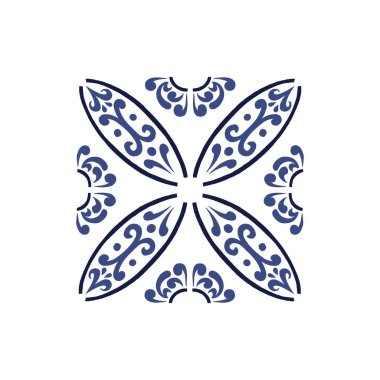 Vektör azulejo mozaik fayans. Portekiz geleneksel geometrik seramik tasarımı. Mavi, beyaz renk, çiçek motifleri. Akdeniz, Portekiz, İspanyol geleneksel vintage tarzı.