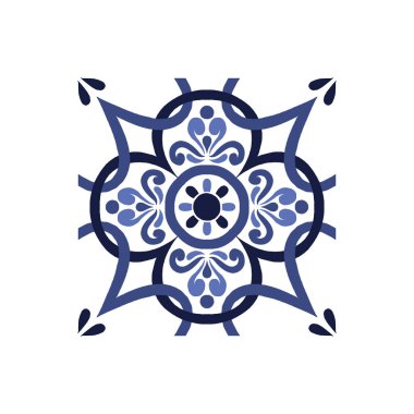 Vektör azulejo mozaik fayans. Portekiz geleneksel geometrik seramik tasarımı. Mavi, beyaz renk, çiçek motifleri. Akdeniz, Portekiz, İspanyol geleneksel vintage tarzı.