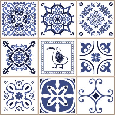 Vektör azulejo mozaik fayans. Portekiz geleneksel geometrik seramik tasarımı. Mavi, beyaz renk, çiçek motifleri. Akdeniz, Portekiz, İspanyol geleneksel vintage tarzı.