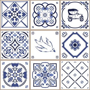Vektör azulejo mozaik fayans. Portekiz geleneksel geometrik seramik tasarımı. Mavi, beyaz renk, çiçek motifleri. Akdeniz, Portekiz, İspanyol geleneksel vintage tarzı.