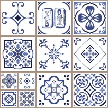 Vektör azulejo mozaik fayans. Portekiz geleneksel geometrik seramik tasarımı. Mavi, beyaz renk, çiçek motifleri. Akdeniz, Portekiz, İspanyol geleneksel vintage tarzı.