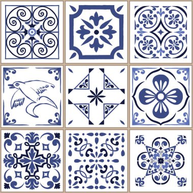 Vektör azulejo mozaik fayans. Portekiz geleneksel geometrik seramik tasarımı. Mavi, beyaz renk, çiçek motifleri. Akdeniz, Portekiz, İspanyol geleneksel vintage tarzı.