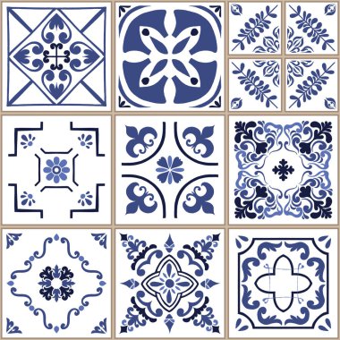 Vektör azulejo mozaik fayans. Portekiz geleneksel geometrik seramik tasarımı. Mavi, beyaz renk, çiçek motifleri. Akdeniz, Portekiz, İspanyol geleneksel vintage tarzı.