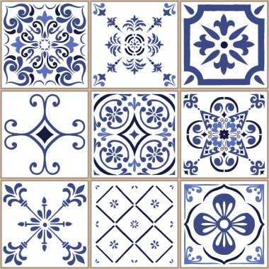 Vektör azulejo mozaik fayans. Portekiz geleneksel geometrik seramik tasarımı. Mavi, beyaz renk, çiçek motifleri. Akdeniz, Portekiz, İspanyol geleneksel vintage tarzı.