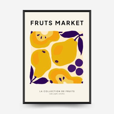 Soyut meyve posterleri şablonu. Modern trend Matisse minimal tarzı. Egzotik Sağlıklı Yemek. Duvar kağıdı, duvar dekoru, baskı, kartpostal, kapak, şablon, pankart için el çizimi tasarımı.