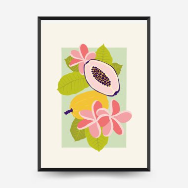 Soyut meyve posterleri şablonu. Modern trend Matisse minimal tarzı. Egzotik Sağlıklı Yemek. Duvar kağıdı, duvar dekoru, baskı, kartpostal, kapak, şablon, pankart için el çizimi tasarımı.