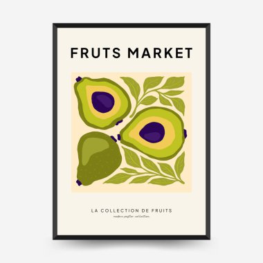 Soyut meyve posterleri şablonu. Modern trend Matisse minimal tarzı. Egzotik Sağlıklı Yemek. Duvar kağıdı, duvar dekoru, baskı, kartpostal, kapak, şablon, pankart için el çizimi tasarımı.