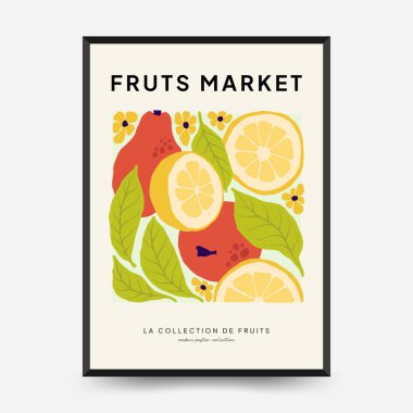 Soyut meyve posterleri şablonu. Modern trend Matisse minimal tarzı. Egzotik Sağlıklı Yemek. Duvar kağıdı, duvar dekoru, baskı, kartpostal, kapak, şablon, pankart için el çizimi tasarımı.