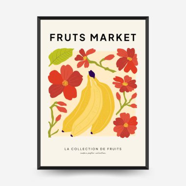 Soyut meyve posterleri şablonu. Modern trend Matisse minimal tarzı. Egzotik Sağlıklı Yemek. Duvar kağıdı, duvar dekoru, baskı, kartpostal, kapak, şablon, pankart için el çizimi tasarımı.
