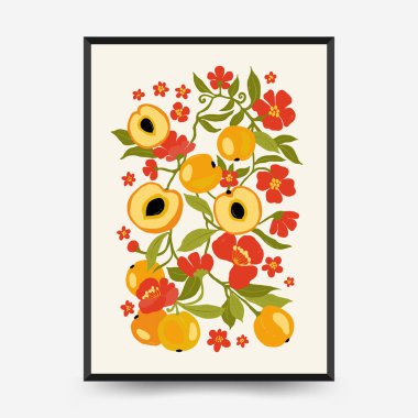 Soyut meyve posterleri şablonu. Modern trend Matisse minimal tarzı. Egzotik Sağlıklı Yemek. Duvar kağıdı, duvar dekoru, baskı, kartpostal, kapak, şablon, pankart için el çizimi tasarımı.