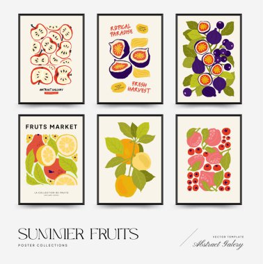 Soyut meyve posterleri şablonu. Modern trend Matisse minimal tarzı. Egzotik Sağlıklı Yemek. Duvar kağıdı, duvar dekoru, baskı, kartpostal, kapak, şablon, pankart için el çizimi tasarımı.