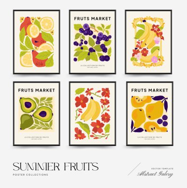 Soyut meyve posterleri şablonu. Modern trend Matisse minimal tarzı. Egzotik Sağlıklı Yemek. Duvar kağıdı, duvar dekoru, baskı, kartpostal, kapak, şablon, pankart için el çizimi tasarımı.