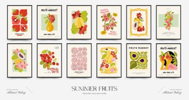 Soyut meyve posterleri şablonu. Modern trend Matisse minimal tarzı. Egzotik Sağlıklı Yemek. Duvar kağıdı, duvar dekoru, baskı, kartpostal, kapak, şablon, pankart için el çizimi tasarımı.