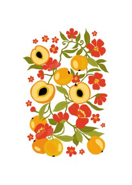 Meyveler soyut elementler. Yiyecek ve sağlıklı kompozisyon. Modern trend Matisse minimal tarzı. Meyve posteri, davet. Tebrik kartı veya davet tasarımı için vektör düzenlemeleri