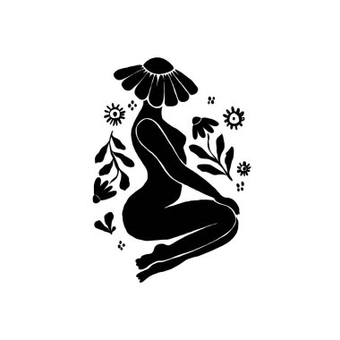 Çiçek desenli çizim yapan kadın. Kadın figürü minimalist illüstrasyon. Güzellik Logosu, Duvar Dekorasyonu, Moda Asgari Baskısı, Poster, Sosyal Medya İçin Modern Moda Çizimi. 