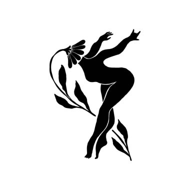 Çiçek desenli çizim yapan kadın. Kadın figürü minimalist illüstrasyon. Güzellik Logosu, Duvar Dekorasyonu, Moda Asgari Baskısı, Poster, Sosyal Medya İçin Modern Moda Çizimi. 