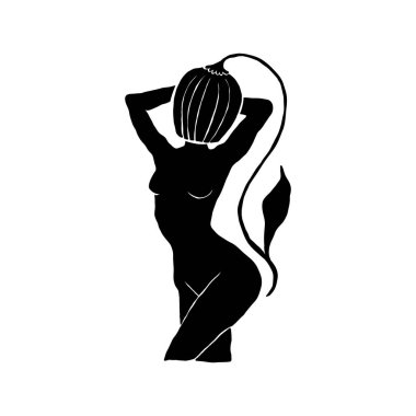 Çiçek desenli çizim yapan kadın. Kadın figürü minimalist illüstrasyon. Güzellik Logosu, Duvar Dekorasyonu, Moda Asgari Baskısı, Poster, Sosyal Medya İçin Modern Moda Çizimi. 