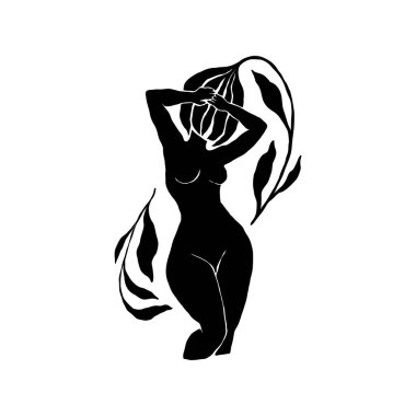 Çiçek desenli çizim yapan kadın. Kadın figürü minimalist illüstrasyon. Güzellik Logosu, Duvar Dekorasyonu, Moda Asgari Baskısı, Poster, Sosyal Medya İçin Modern Moda Çizimi. 