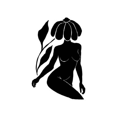 Çiçek desenli çizim yapan kadın. Kadın figürü minimalist illüstrasyon. Güzellik Logosu, Duvar Dekorasyonu, Moda Asgari Baskısı, Poster, Sosyal Medya İçin Modern Moda Çizimi. 
