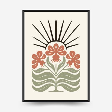 Soyut çiçek posterleri şablonu. Modern trend Matisse minimal tarzı. Pembe ve mavi renkler. Duvar kağıdı, duvar dekoru, baskı, kartpostal, kapak, şablon, pankart için el çizimi tasarımı. 