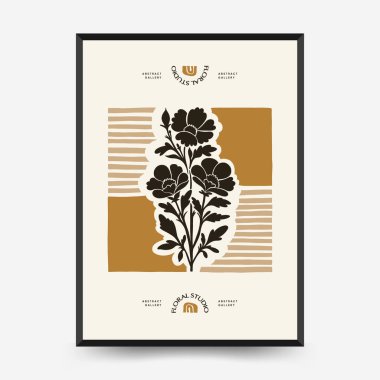 Soyut çiçek posterleri şablonu. Modern trend Matisse minimal tarzı. Pembe ve mavi renkler. Duvar kağıdı, duvar dekoru, baskı, kartpostal, kapak, şablon, pankart için el çizimi tasarımı. 