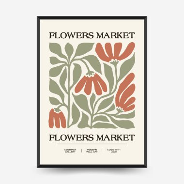 Soyut çiçek posterleri şablonu. Modern trend Matisse minimal tarzı. Pembe ve mavi renkler. Duvar kağıdı, duvar dekoru, baskı, kartpostal, kapak, şablon, pankart için el çizimi tasarımı. 