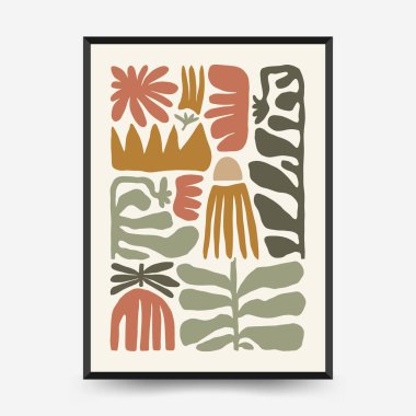 Soyut çiçek posterleri şablonu. Modern trend Matisse minimal tarzı. Pembe ve mavi renkler. Duvar kağıdı, duvar dekoru, baskı, kartpostal, kapak, şablon, pankart için el çizimi tasarımı. 