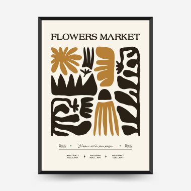 Soyut çiçek posterleri şablonu. Modern trend Matisse minimal tarzı. Pembe ve mavi renkler. Duvar kağıdı, duvar dekoru, baskı, kartpostal, kapak, şablon, pankart için el çizimi tasarımı. 