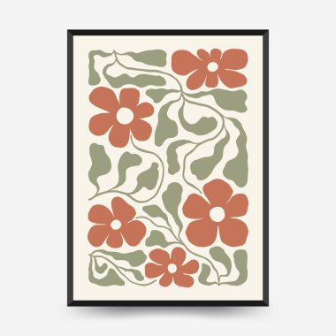 Soyut çiçek posterleri şablonu. Modern trend Matisse minimal tarzı. Pembe ve mavi renkler. Duvar kağıdı, duvar dekoru, baskı, kartpostal, kapak, şablon, pankart için el çizimi tasarımı. 