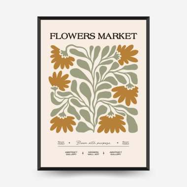 Soyut çiçek posterleri şablonu. Modern trend Matisse minimal tarzı. Pembe ve mavi renkler. Duvar kağıdı, duvar dekoru, baskı, kartpostal, kapak, şablon, pankart için el çizimi tasarımı. 