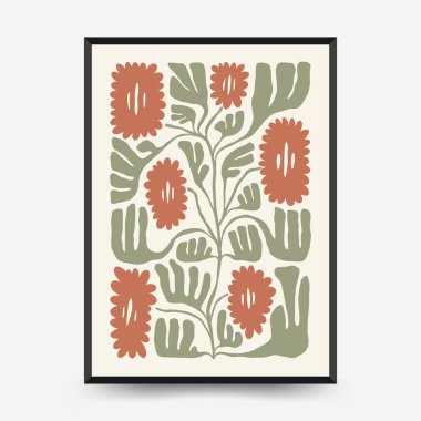 Soyut çiçek posterleri şablonu. Modern trend Matisse minimal tarzı. Pembe ve mavi renkler. Duvar kağıdı, duvar dekoru, baskı, kartpostal, kapak, şablon, pankart için el çizimi tasarımı. 