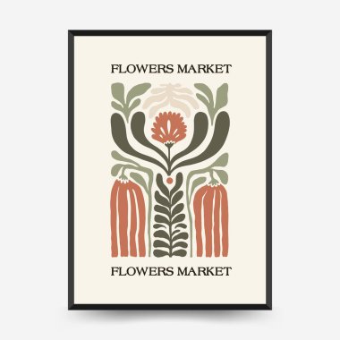 Soyut çiçek posterleri şablonu. Modern trend Matisse minimal tarzı. Pembe ve mavi renkler. Duvar kağıdı, duvar dekoru, baskı, kartpostal, kapak, şablon, pankart için el çizimi tasarımı. 