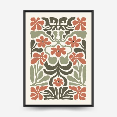 Soyut çiçek posterleri şablonu. Modern trend Matisse minimal tarzı. Pembe ve mavi renkler. Duvar kağıdı, duvar dekoru, baskı, kartpostal, kapak, şablon, pankart için el çizimi tasarımı. 