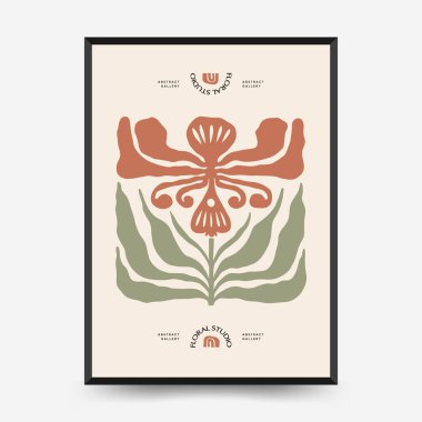 Soyut çiçek posterleri şablonu. Modern trend Matisse minimal tarzı. Pembe ve mavi renkler. Duvar kağıdı, duvar dekoru, baskı, kartpostal, kapak, şablon, pankart için el çizimi tasarımı. 