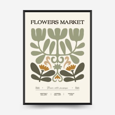 Soyut çiçek posterleri şablonu. Modern trend Matisse minimal tarzı. Pembe ve mavi renkler. Duvar kağıdı, duvar dekoru, baskı, kartpostal, kapak, şablon, pankart için el çizimi tasarımı. 