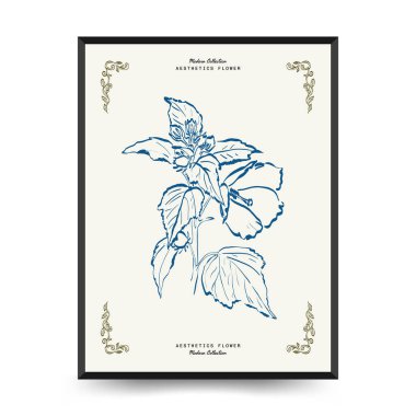 Soyut çiçek posterleri şablonu. Modern moda minimal tarz. Pembe ve mavi renkler. Duvar kağıdı, duvar dekoru, baskı, kartpostal, kapak, şablon, pankart için el çizimi tasarımı. 