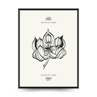 Soyut çiçek posterleri şablonu. Modern moda minimal tarz. Pembe ve mavi renkler. Duvar kağıdı, duvar dekoru, baskı, kartpostal, kapak, şablon, pankart için el çizimi tasarımı. 