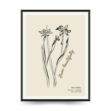 Soyut çiçek posterleri şablonu. Modern moda minimal tarz. Pembe ve mavi renkler. Duvar kağıdı, duvar dekoru, baskı, kartpostal, kapak, şablon, pankart için el çizimi tasarımı. 