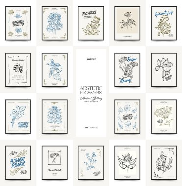 Soyut çiçek posterleri şablonu. Modern moda minimal tarz. Pembe ve mavi renkler. Duvar kağıdı, duvar dekoru, baskı, kartpostal, kapak, şablon, pankart için el çizimi tasarımı. 