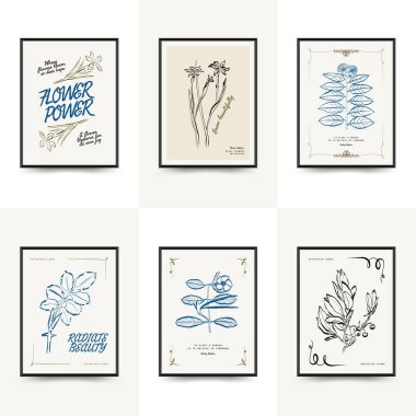 Soyut çiçek posterleri şablonu. Modern moda minimal tarz. Pembe ve mavi renkler. Duvar kağıdı, duvar dekoru, baskı, kartpostal, kapak, şablon, pankart için el çizimi tasarımı. 