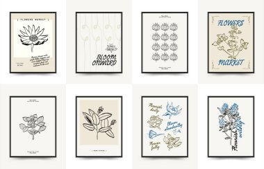 Soyut çiçek posterleri şablonu. Modern moda minimal tarz. Pembe ve mavi renkler. Duvar kağıdı, duvar dekoru, baskı, kartpostal, kapak, şablon, pankart için el çizimi tasarımı. 