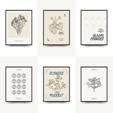 Soyut çiçek posterleri şablonu. Modern moda minimal tarz. Pembe ve mavi renkler. Duvar kağıdı, duvar dekoru, baskı, kartpostal, kapak, şablon, pankart için el çizimi tasarımı. 