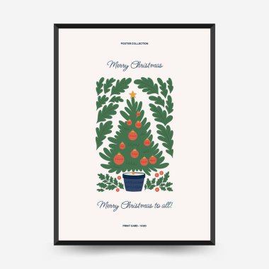 Mutlu Noeller ve mutlu yıllar dikey uçucu ya da poster şablonu. Modern trend Matisse minimal tarzı. Duvar kağıdı, duvar dekoru, baskı, kartpostal, kapak, şablon, pankart için el çizimi tasarımı.