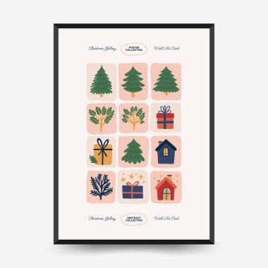 Mutlu Noeller ve mutlu yıllar dikey uçucu ya da poster şablonu. Modern trend Matisse minimal tarzı. Duvar kağıdı, duvar dekoru, baskı, kartpostal, kapak, şablon, pankart için el çizimi tasarımı.