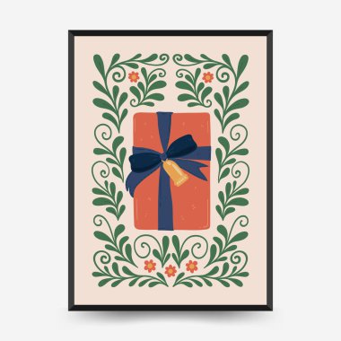 Mutlu Noeller ve mutlu yıllar dikey uçucu ya da poster şablonu. Modern trend Matisse minimal tarzı. Duvar kağıdı, duvar dekoru, baskı, kartpostal, kapak, şablon, pankart için el çizimi tasarımı.